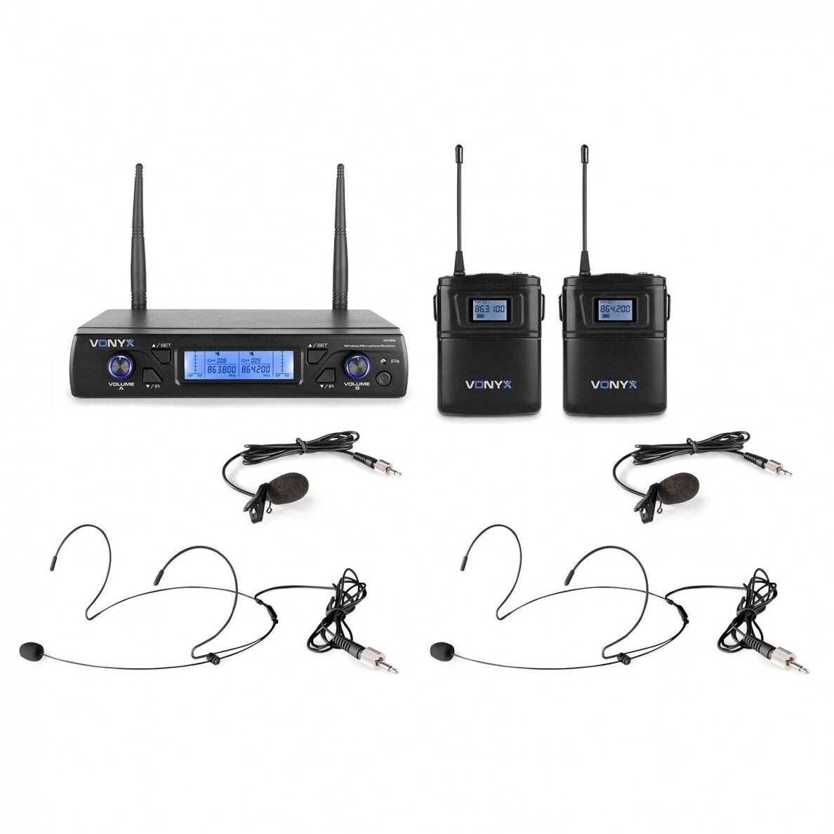 WIRELESS MICROPHONE UHF 16CH WITH 2 BODYPACKS - Vonyx - WM62B 179.264