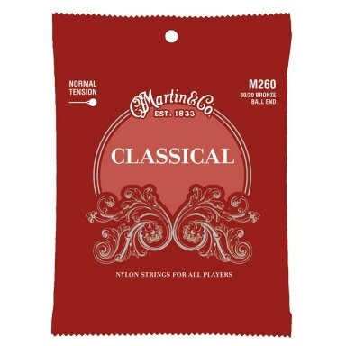 Stygos klasikinei gitarai Martin M-260 Classical String Set Bronze Wound & Clear Nylon Ball End Normal Tension