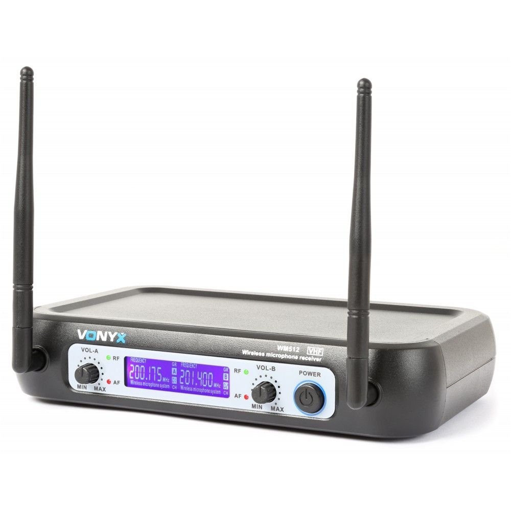 Vonyx WM512C 2-Channel VHF Wireless Microphone System Combi with Handheld, Bodypack and Display 1