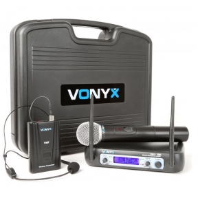 Vonyx WM512C 2-Channel VHF Wireless Microphone System Combi with Handheld, Bodypack and Display